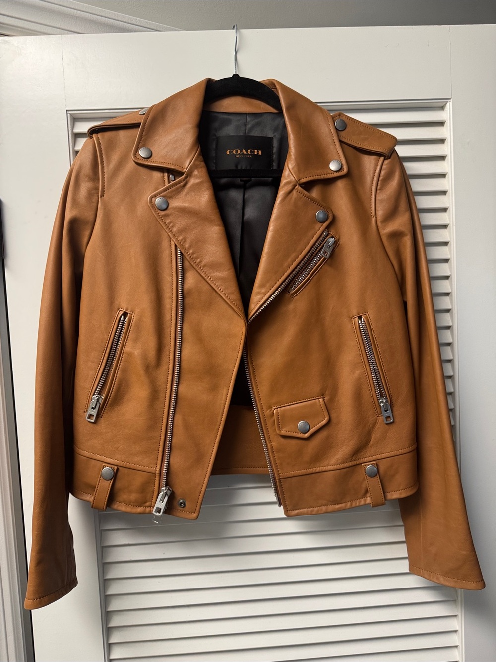 Coach Cognac Leather Moto Jacket with Silver Hardware